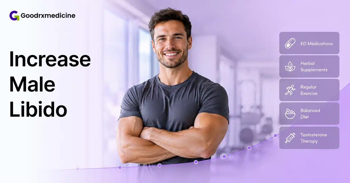 Man standing beside lifestyle and medication options to increase male libido