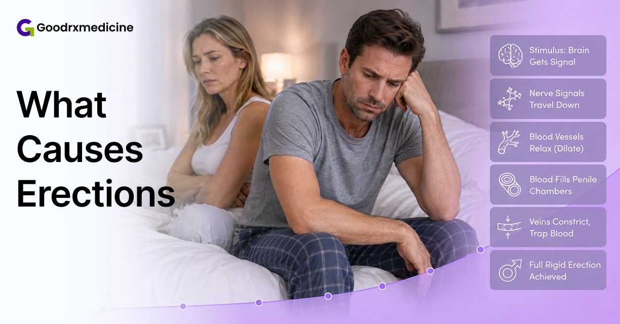 Couple sitting apart in bed beside the physical steps that cause an erection