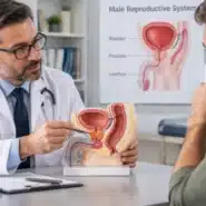 Doctor explaining prostate anatomy to a male patient using a prostate model and medical diagram