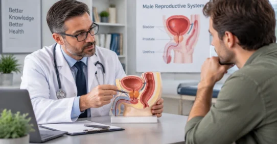 Doctor explaining prostate anatomy to a male patient using a prostate model and medical diagram