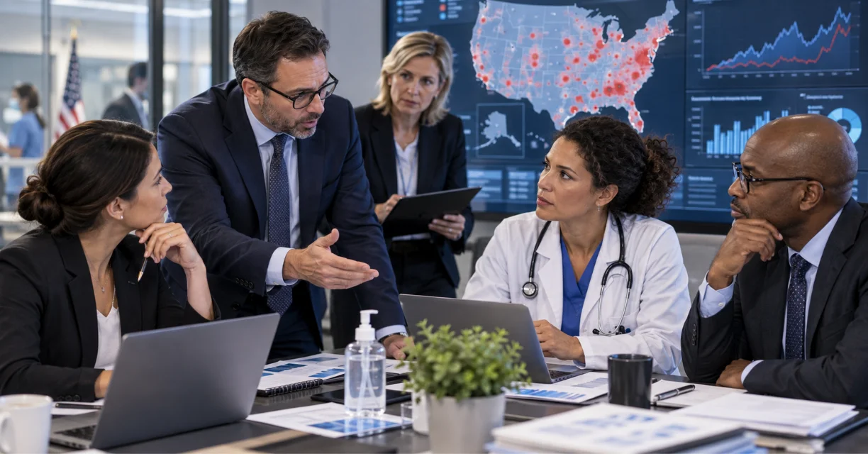 Consulting team discussing U.S. pandemic control with a doctor