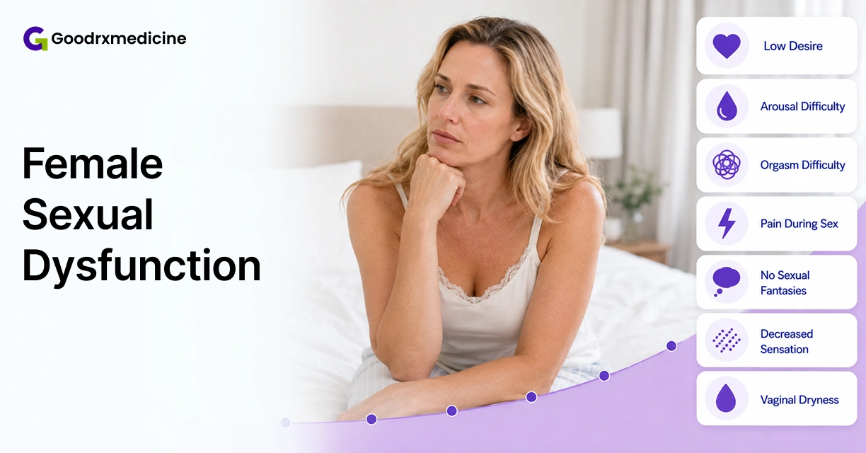 Woman sitting on bed beside symptoms of female sexual dysfunction