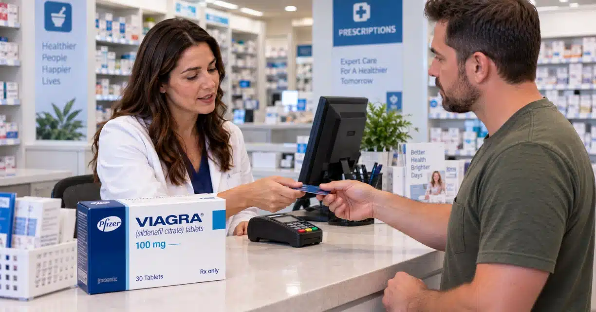 Man paying for Viagra 100 mg medicine at Fort Worth pharmacy counter