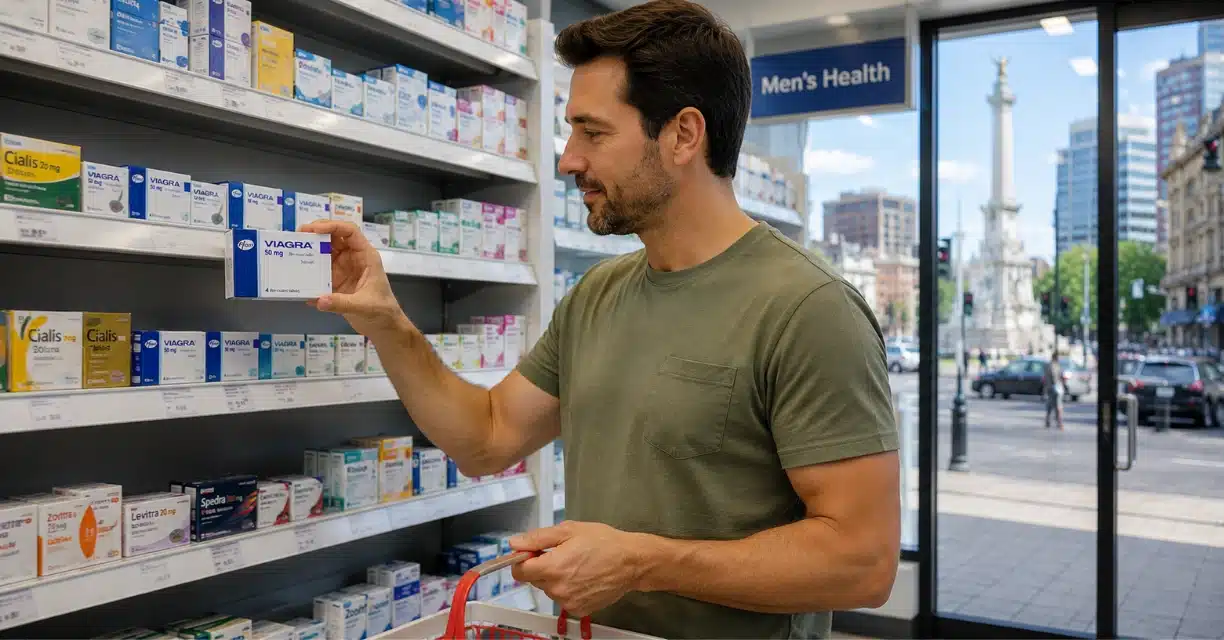 Man selecting Viagra from a pharmacy shelf in Indianapolis