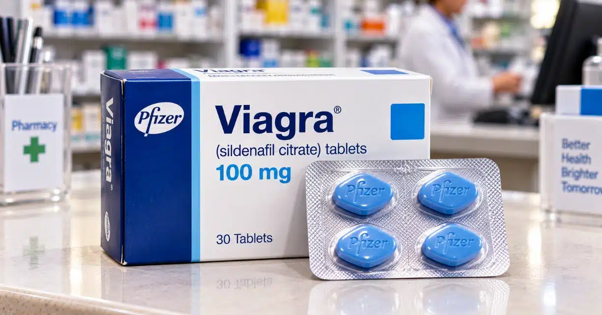Viagra 100 mg medicine box with blue sildenafil tablets at Jacksonville pharmacy