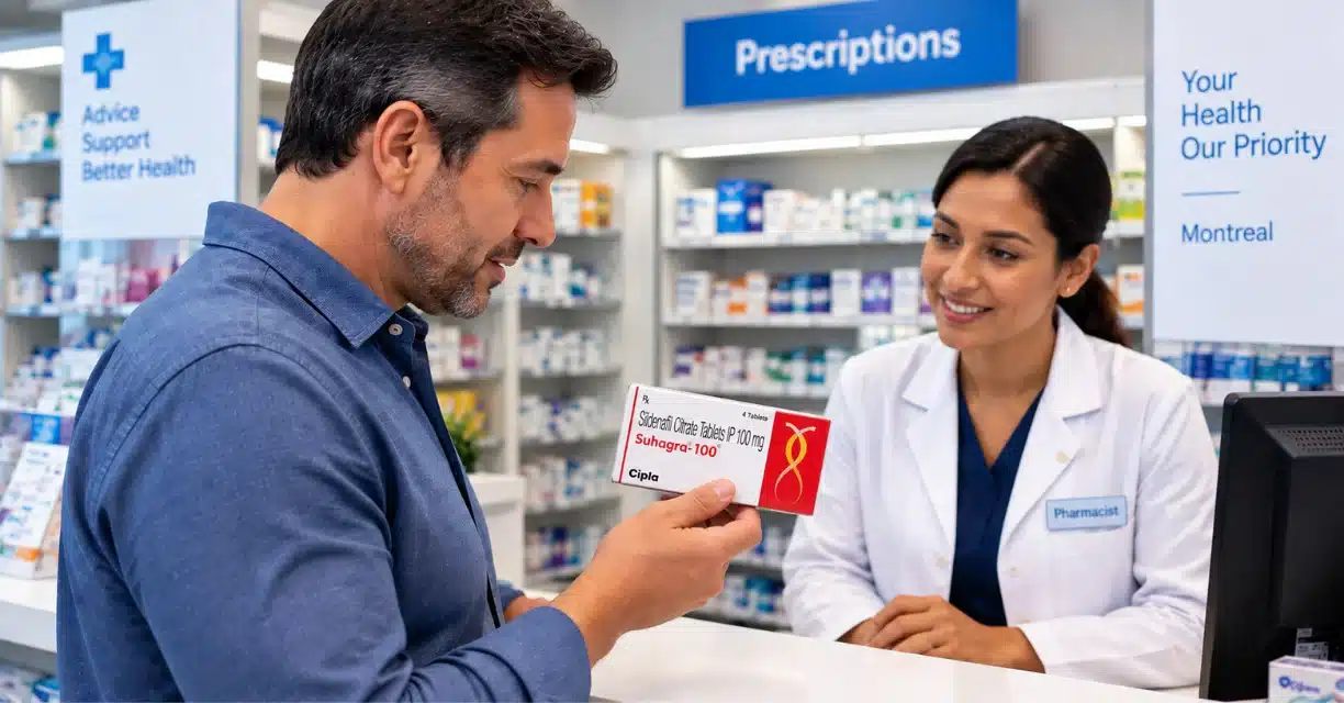 Pharmacist discussing generic Viagra with a customer in Montreal