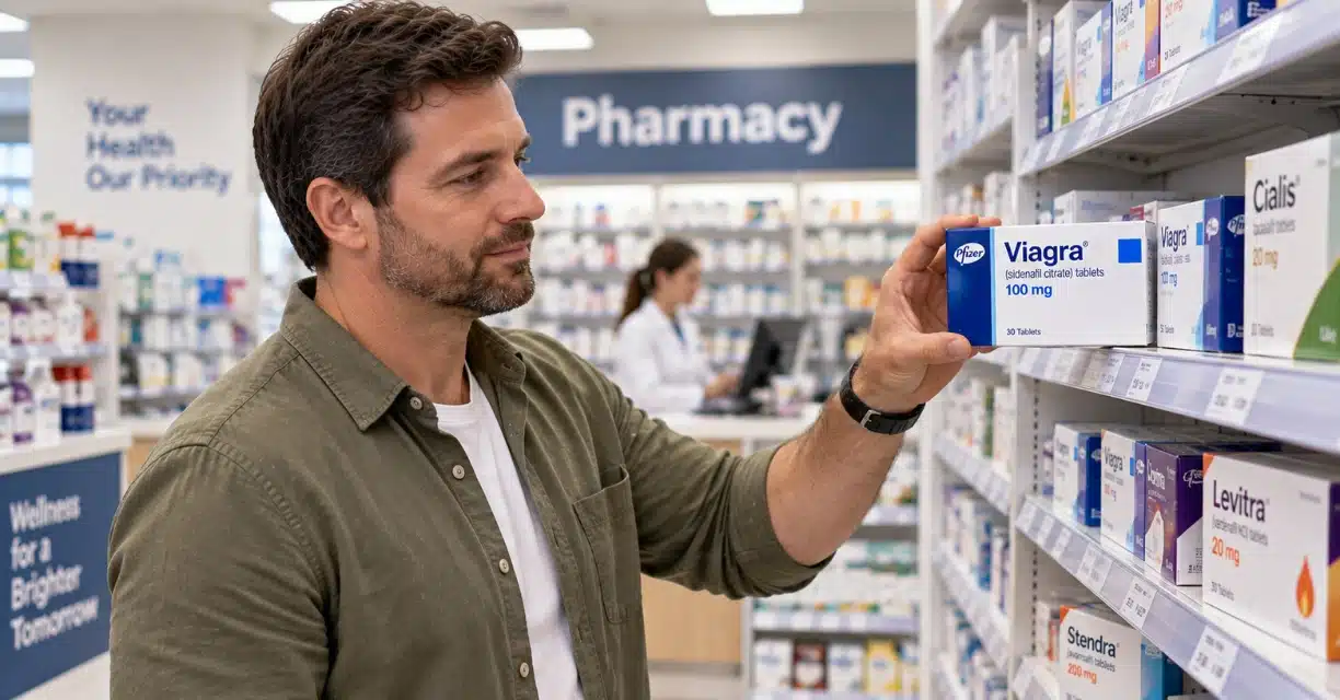 Man selecting Viagra 100 mg medicine box from pharmacy shelf in Nashville
