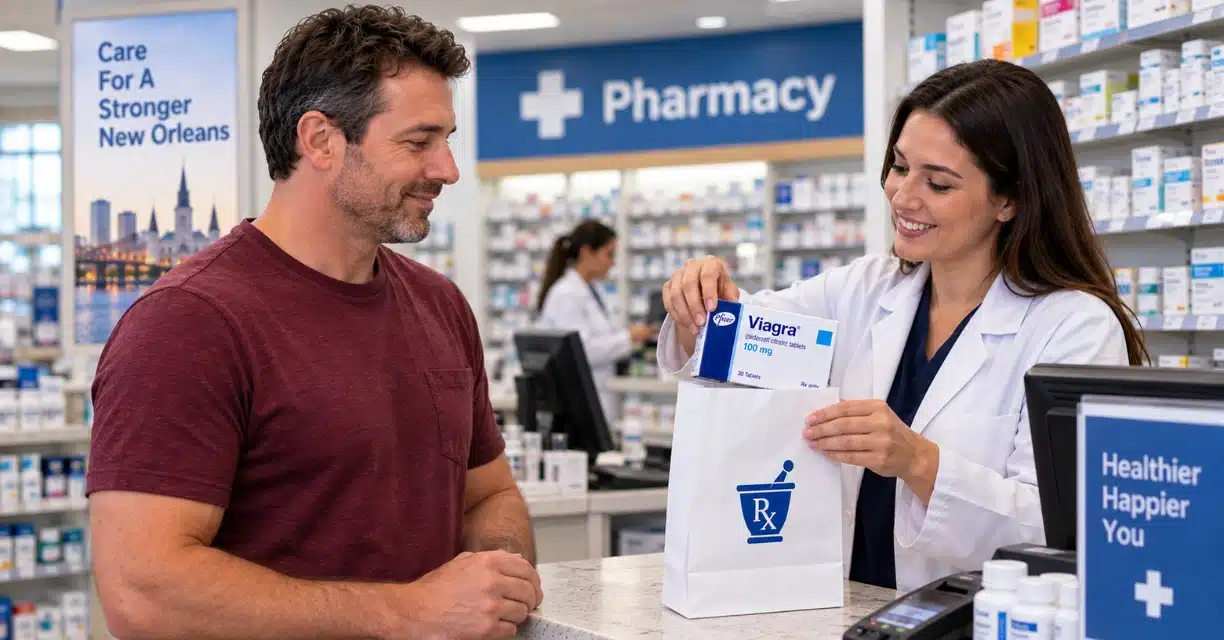 Pharmacist packing Viagra 100 mg medicine box for customer in New Orleans