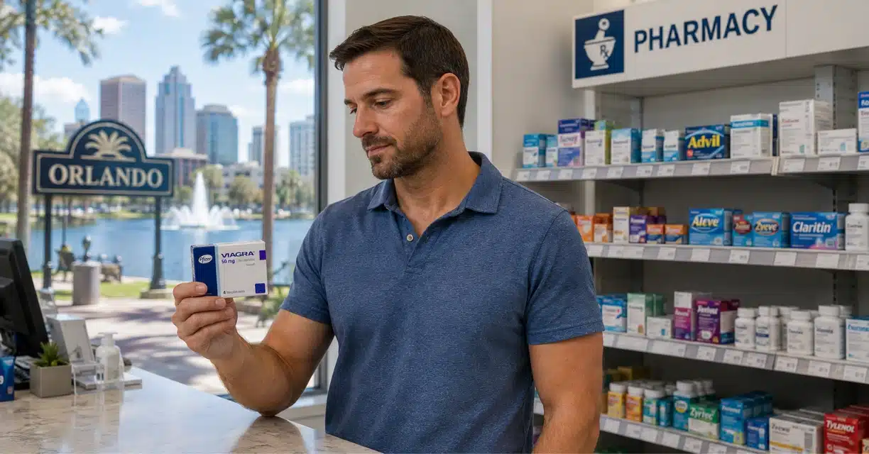 Man reading Viagra package at an Orlando pharmacy