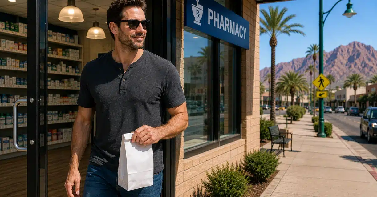 Man leaving a Phoenix pharmacy after buying generic Viagra