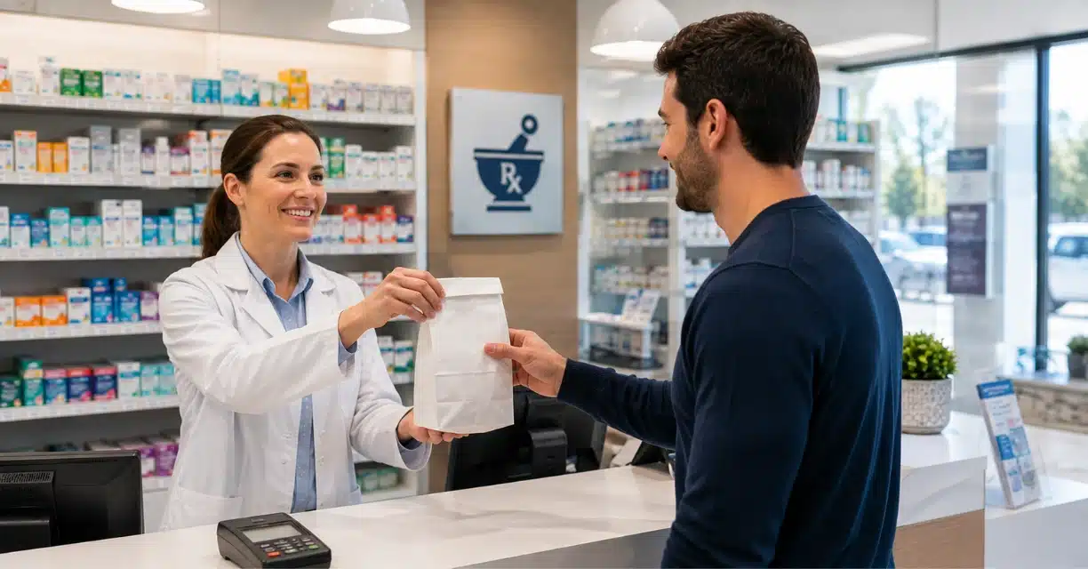 Pharmacist handing medicine bag to man buying generic Viagra in San Diego