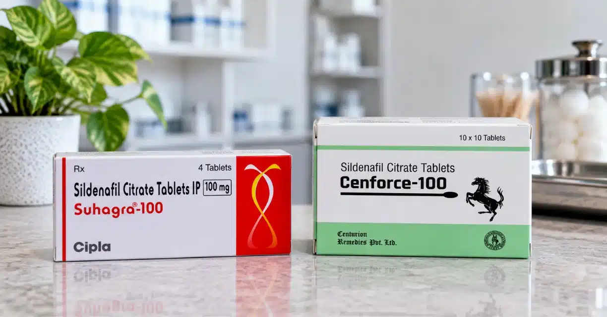 Sughagra 100 and Cenforce 100 sildenafil tablets displayed side by side in San Francisco