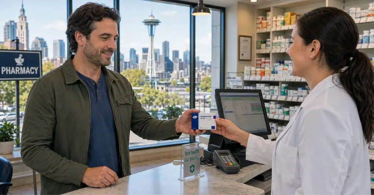 Pharmacist handing Viagra package to male customer in Seattle