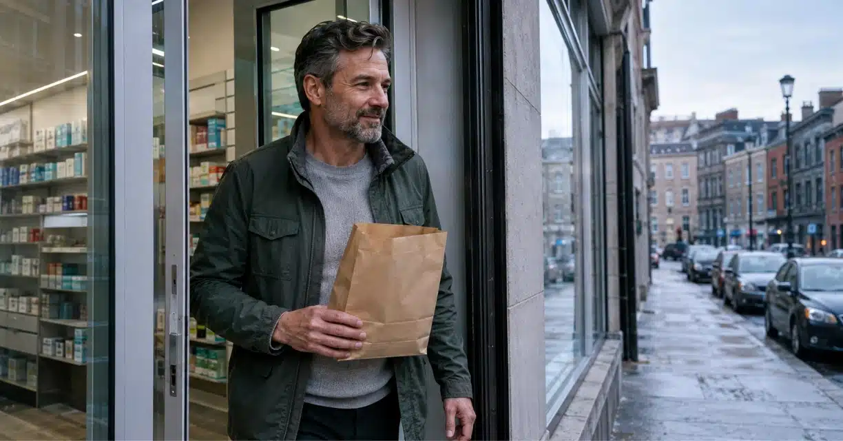 Man leaving a Montreal pharmacy after buying Levitra