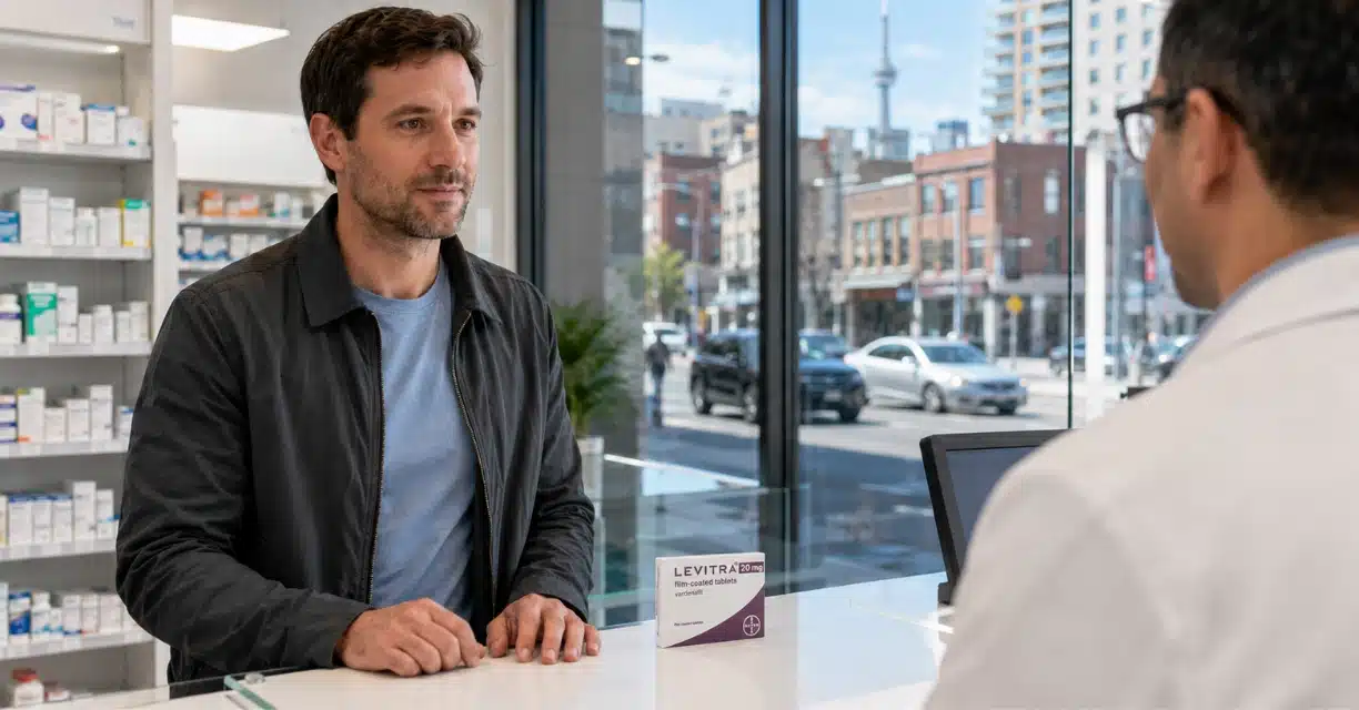Man speaking with pharmacist beside Levitra 20 mg box in Toronto